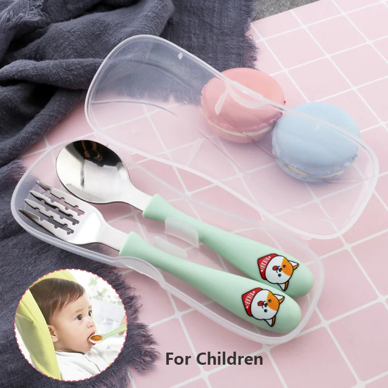 

2Pcs Cartoon Cute Stainless Steel Baby Cutlery Children Tableware Dinnerware Set Feeding Spoon Fork For Kids Travel Utensil Set