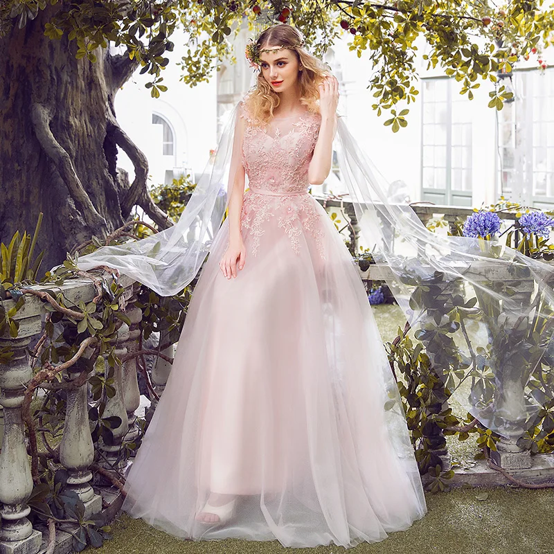 Распродажа, Vestidos, милое кружевное вечернее платье, для невесты, банкета, элегантное, с аппликацией, с бисером, без рукавов, длинные, вечерние, торжественные платья - Цвет: Розовый