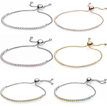 

New 925 Sterling Silver Bracelet Rose Gold Classic Tennis Sparkling Strand Adjust Bracelet Bangle Fit Bead Charm Fine Jewelry