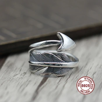 

S925 Sterling Silver Ring in Indian style retro point gold to create Personality classic feather series Send a gift to love