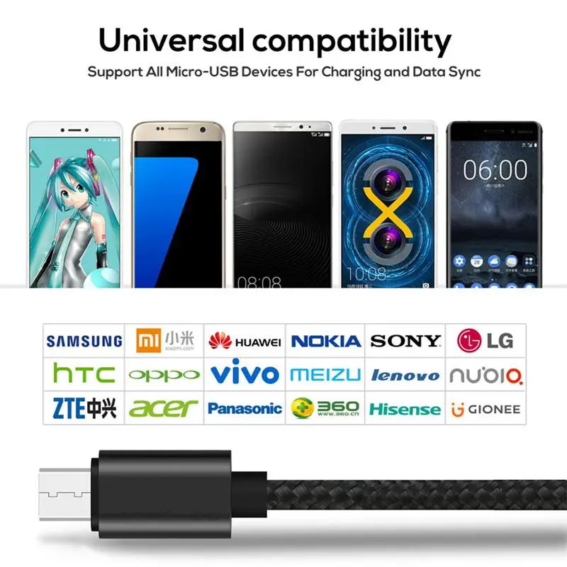 1 м(3,28 фута) Micro-USB светодиодный кабель USB в нейлоновой оплетке с цифровым дисплеем напряжения и тока
