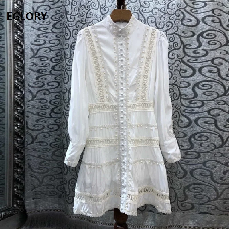 

Hollow Out Embroidery Dress 2019 Autumn Luxury Party Women Golden Studs Beading Buttons up Long Sleeve White Black Dress Club