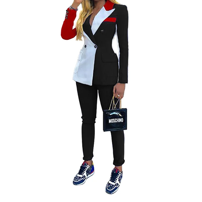 

Women's pants set new stitching color casual fashion long-sleeved jacket and pants 2 two-piece suit women's clothing