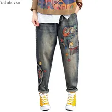 Осень новые ретро большие размеры Мультяшные нашивки Вышитые Высокая талия Длинные Джинсы женские большие размеры рваные джинсы для женщин A888Z40
