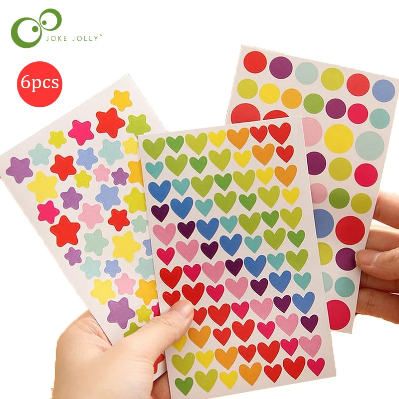 6 unids/lote lindo colorido pegatinas DIY calcomanías etiqueta corazón estrella portátil de álbumes de recortes de ordenador portátil niños juguetes clásicos YJN