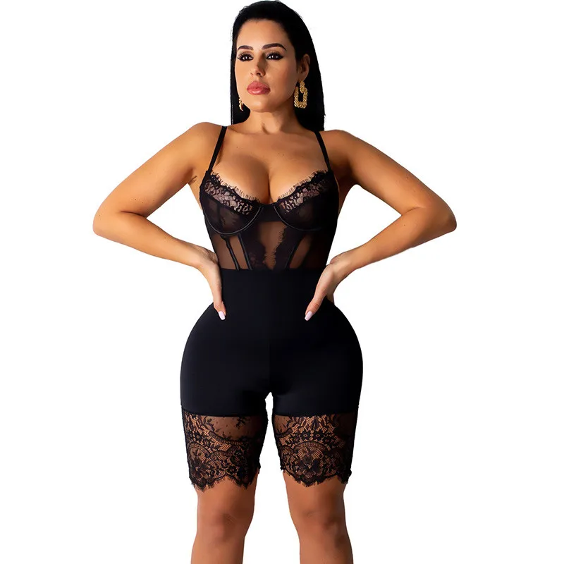 

Patchwork Lace Bodysuit Women Spaghetti Strap Backless Elegant Skinny Bandage Party Short Playsuits Bodycon Jumpsuit Overalls