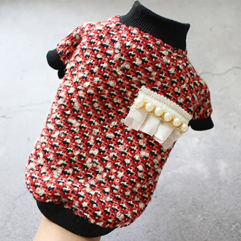 Red Pet Dog Winter Clothes Warm Jacket Woolen Wool Fabric Puppy Outer Wear Adorn Pearl For Small Dogs Chihuahua French Bulldog Coat - Цвет: Red
