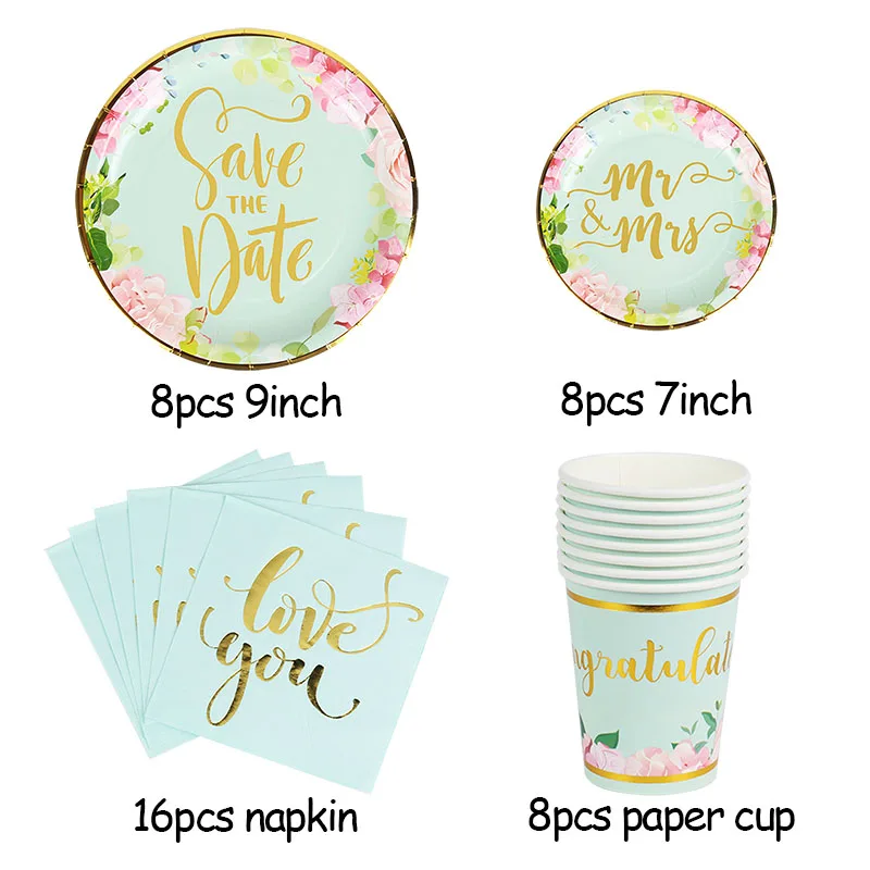 Set 1 Одноразовые бронзовые столовые приборы Mr& Mrs Love You для свадебной вечеринки, бумажные кружки, тарелки, салфетки, баннеры для свадебной вечеринки - Цвет: Set 1