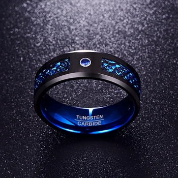 Dragon Carbon Fibre Inlaid With Blue Zircon Tungsten Ring Custom tungsten rings