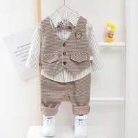 Enfants enfants Gentleman vêtements Costume anniversaire fête de mariage ensemble élégant bébé garçon tenue décontracté chemise rayée gilet pantalon Costume 3
