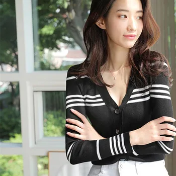 

Women Autumn Cardigans Women V-neck Striped Sweater Long Sleeve Slim Knitwear Casual Fall Female Cardigans Jumpers