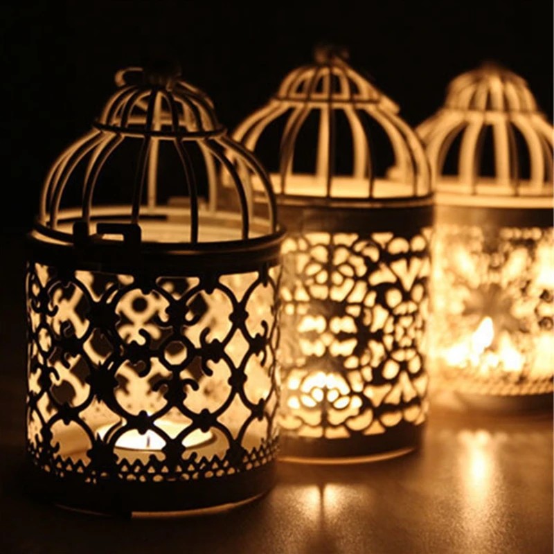 

Pack of 2 Hollow Pattern Bird Cage Creative Home Decoration Candle Holder Wrought Iron Metal Candlestick Hanging Lantern