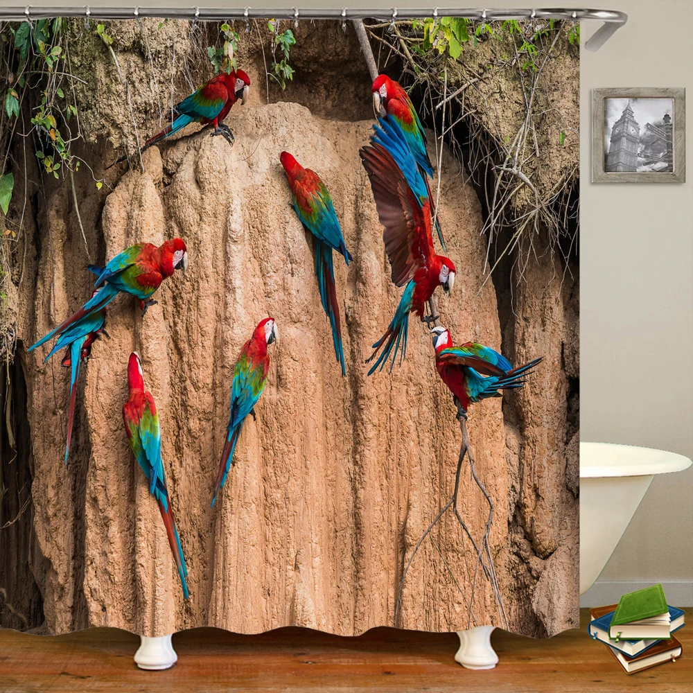 

3D Colorful Birds Parrots Shower Curtains Printed Natural landscape Bathroom Curtains Waterproof Fabric with Hooks Decoration