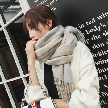 

Temperament tassel double-sided check cashmere scarf women fall/winter new Korean couple dual-use air conditioning warm shawl