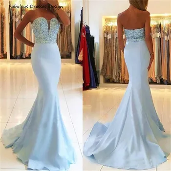 

Elegant Handmade Crystal Mermaid Prom Dresses Long Strapless فساتين السهرة 2021 Light Blue Evening Dress Party For Women