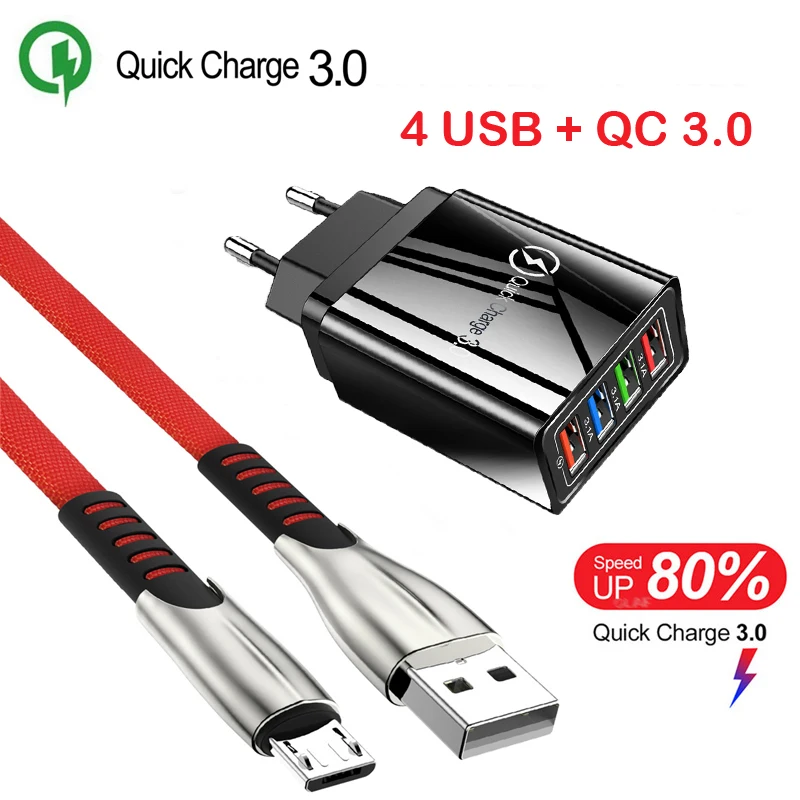 Зарядное устройство с 4 USB-портами QC 3 0 быстрое зарядное для телефона кабель Micro USB