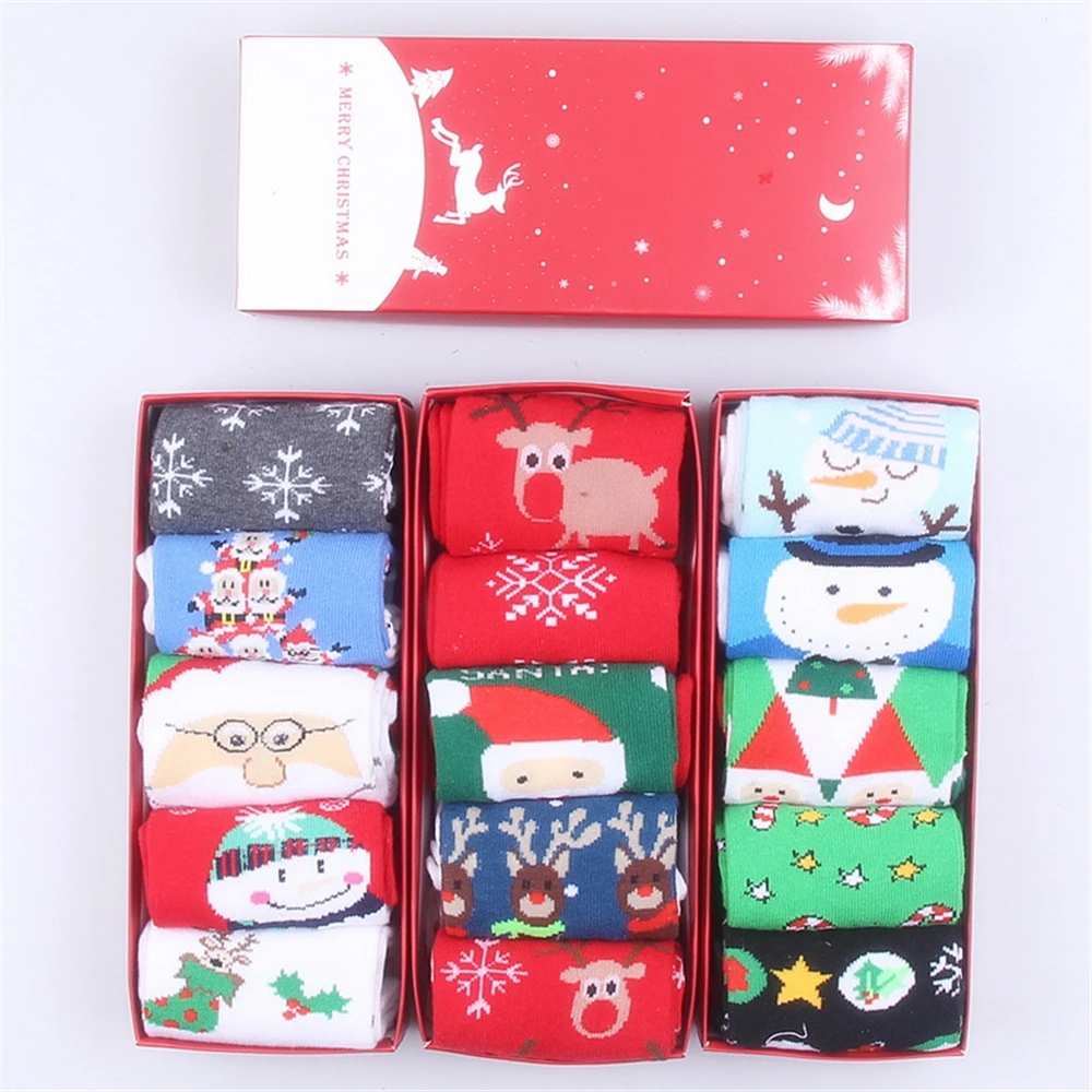 

5 Pairs/set Christmas Cotton Socks Elk Old Snowflake Mid Stocking Cute Christmas Gift Box Christmas Gifts Santa Claus Deer Socks