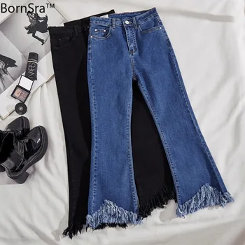 

BornSra 2020 New Spring Autumn High Waist Women Jeans Long Blue Trousers Denim Pants Casual Washed Vintage Skinny Wide Leg Jeans