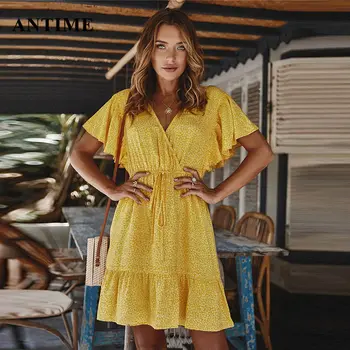 

Antime Women Summer Boho Ruffles Dress Loose Beach Short Sleeve V Neck Blue Yellow Party Print Chiffon Mini Dresses