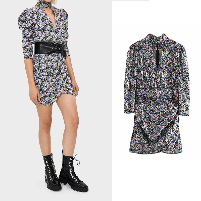 Женское плиссированное платье с рукавом фонарик za винтажное короткое цветочным