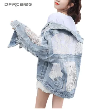 

Oversized Embroidery Lace Denim Jacket Women 2020 Summer Long Sleeve Sun Protection Clothing Vintage Jeans Coats Outwear Femme