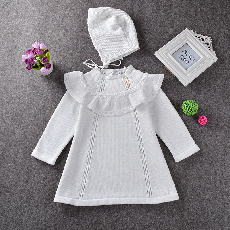 Эксклюзивное платье-свитер с длинными рукавами для маленьких девочек, комплект из 2 предметов комплект с брюками, детское трикотажное хлопковое осенне-зимнее платье для младенцев Платья с цветочным рисунком, Bautizo