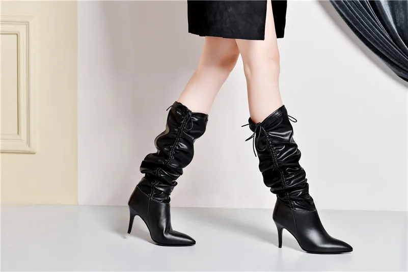 ANNYMOLI/зимние сапоги до колена; женские высокие сапоги из натуральной кожи на высоком каблуке-шпильке; обувь со складками с острым носком; Женская Осенняя обувь; размеры 34-43