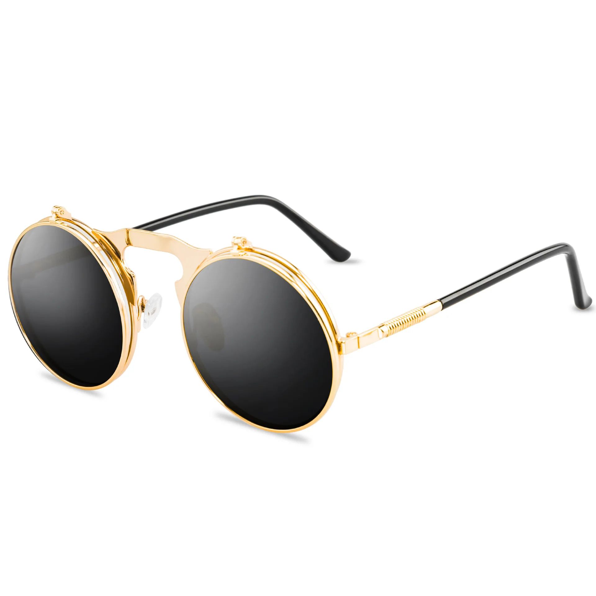 Fashion Flip Up Lens Steampunk Vintage Retro Style Round Sunglasses Spring Legs Clamshell Double Lens Gold Black Red Eyewears