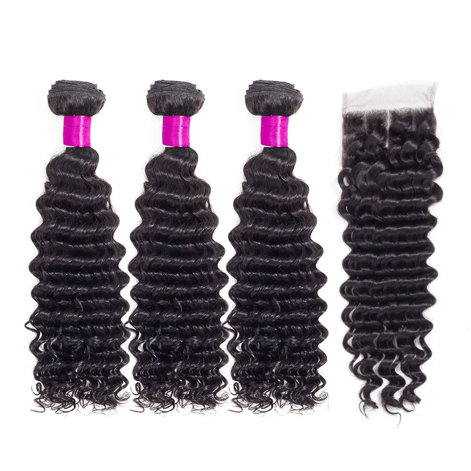 Pacotes com Fechamento Feixes de Cabelo Humano com Fechamento Onda Profunda Rendas Arrancadas Cabelo Brasileiro Remy Yarra 4x4 Pré 5 de cabelo humano com fechamento remy cabelo yarra