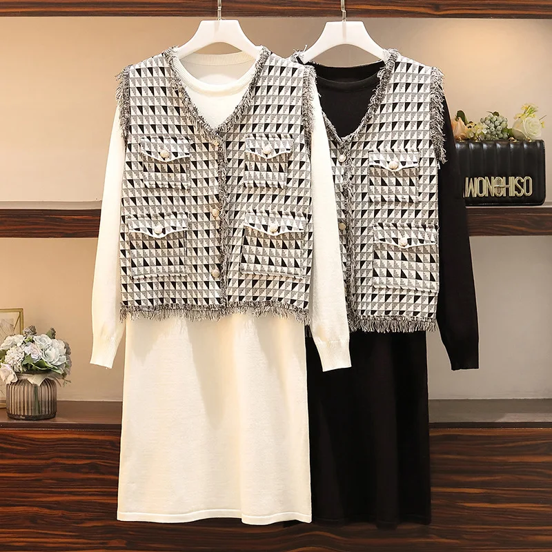 

Photo Shoot 2019 Autumn And Winter New Style Korean-style Large Size Chubby Mm Graceful Waistcoat Slimming Sweater Two-Piece Set