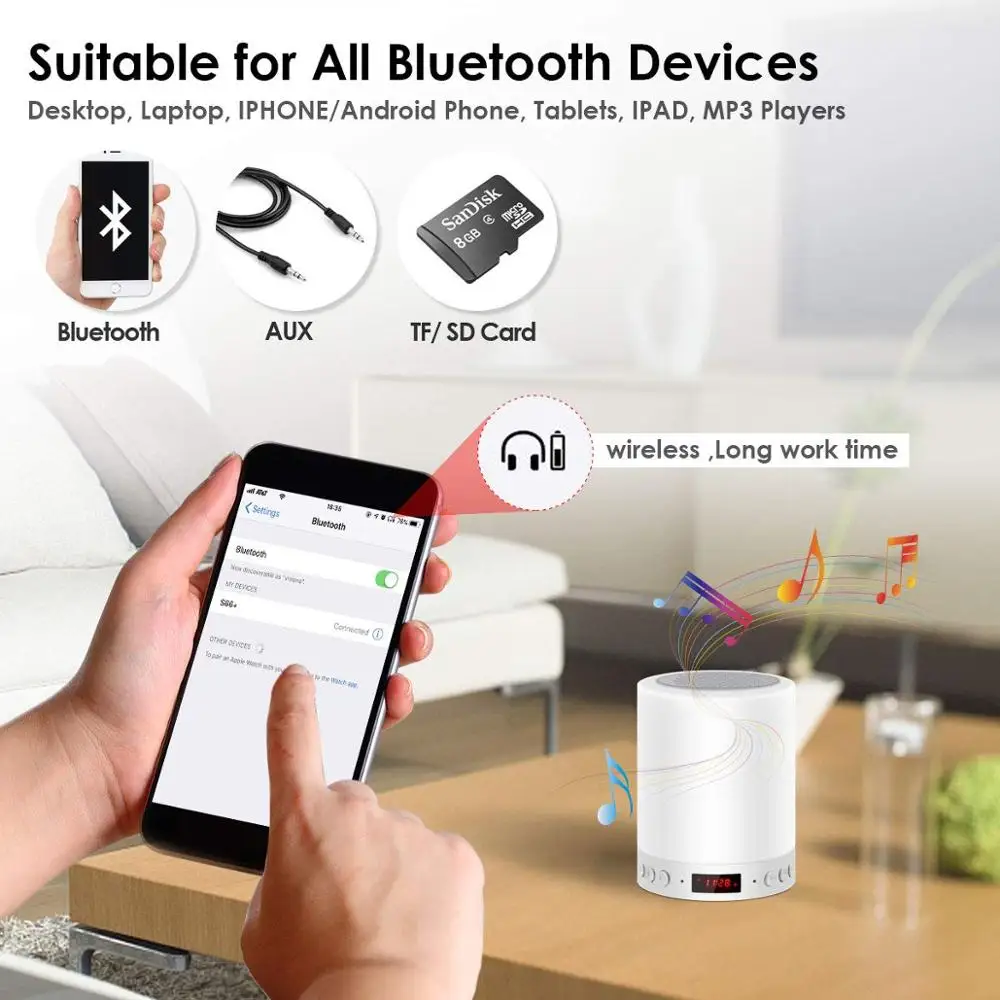 Bluetooth Динамик светодиодный Ночная переносная лампа сенсорный Управление Настольная лампа с USB и часы Перезаряжаемые TF карты RGB Цвет Спальня
