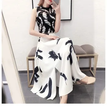 

2 Piece Set 2019 Summer Women Mesh Top Two-Piece Print Split A-Line Skirt Set Vintage Ladies Sleeveless Long Skirt Set