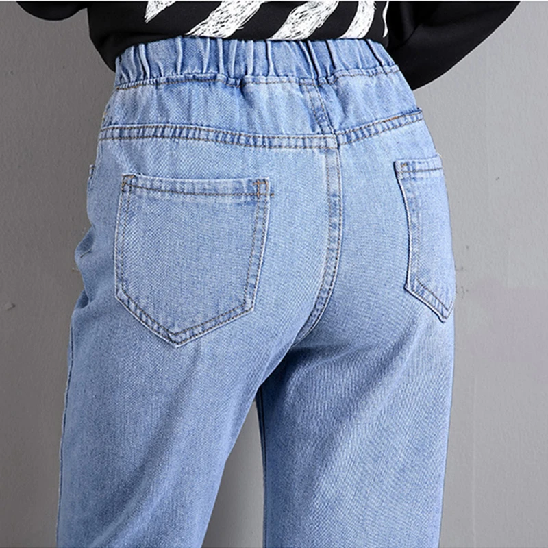 JSMYGS High Waist New Harem Pants Jeans Woman Casual Elastic Waist Strap Mom Jeans Boyfriends Women Cowboy Denim Trousers