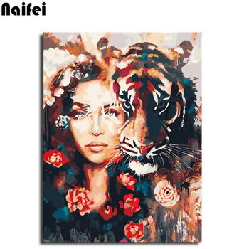 

painting diamonds round Mosaic Art Colored woman and tiger diamond Embroidery Full Square 5d Diy Diamond Painting Cross Stitch