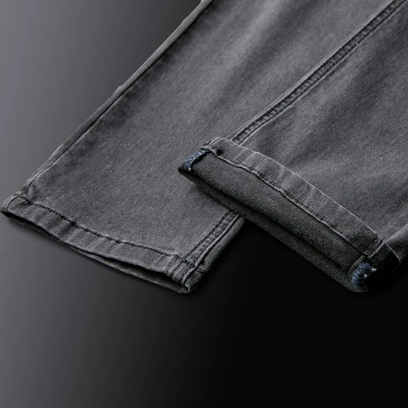 Классические мужские серые синие Стрейчевые джинсы Новая мода Бизнес Slim Fit прямые винтажные джинсовые брюки мужские Брендовые брюки