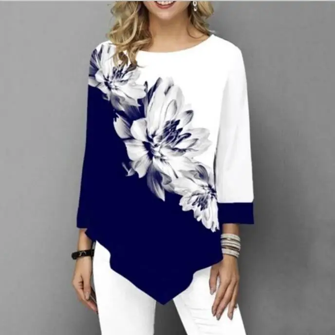 

DIHOPE 2020 Shirt Women Spring Floral Print O-neck Blouse 3/4 Sleeve Casual Hem Irregularity Female fashion shirt Tops Plus Size