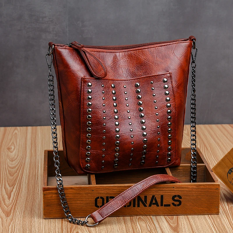 shoulder bag 5 Annmouler, винтажная женская сумка, Большая вместительная сумка на плечо, сумка-мешок с заклепками, коричневая сумка через плечо для девочек, сумка-мессенджер с карманами - Цвет: shoulder bag 5