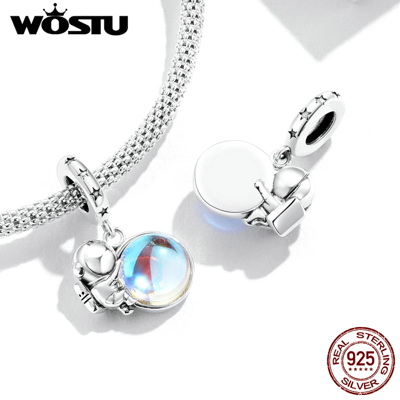 WOSTU 925 Sterling Silver Moonstone Astronaut Charm Rainbow Space Necklace Pendant Heart Beads Fit Original Bracelet DIY Gift