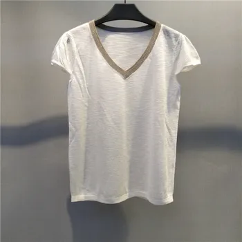 

Brand Fashion Women High-end Luxury Trimmed Tamie Short-sleeved Perspective V-neck linen T-shirt Top Tees