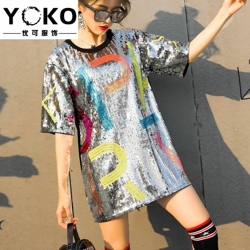 YOKO усыпанные блестками свободные длинная футболка в стиле "хип-хоп" Алфавит с коротким рукавом Сращивание блестками топы уличная платье с пайетками - Цвет: Slive