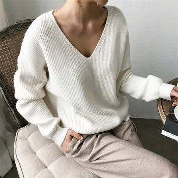 

2020 Womens Sweaters Autumn Winter Casual V Neck Women Pullover Sweater Solid Long Sleeve Fashion Loose Knitted Cashmere Top