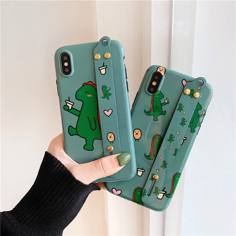 

Cartoon dinosaur Phone Case for iPhone 7 8 6S 6 Plus X XR XS Max Luxury Cute Anime Wrist Strap Stand Cover Funda for iPhone X