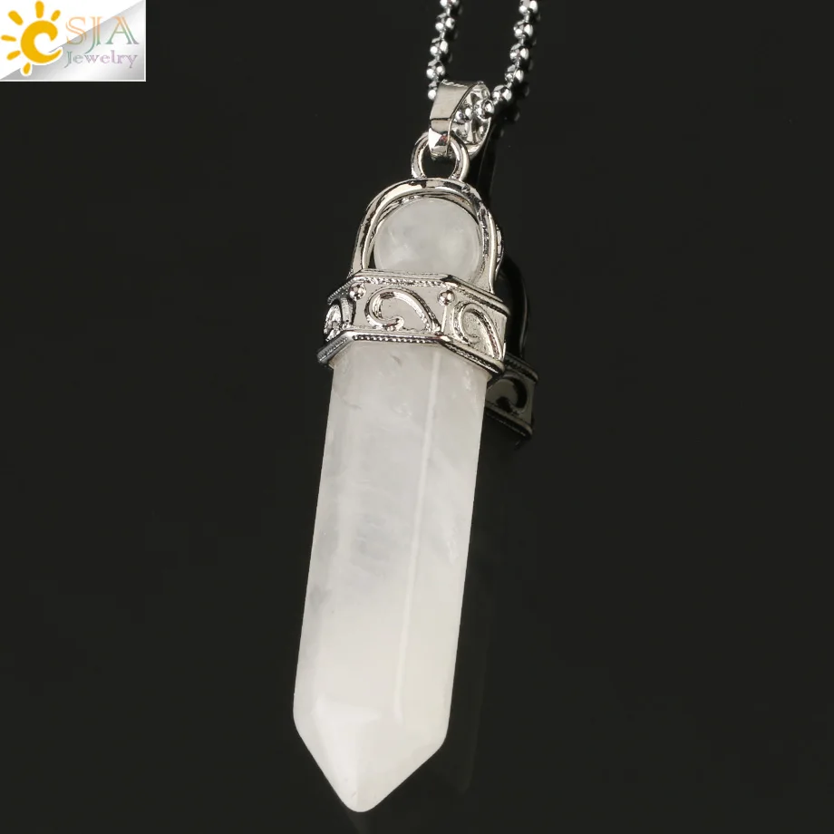 White Crystal Chain CSJA натуральный камень исцеляющий кулон остроконечная шестигранная колонна Белый Розовый Фиолетовый Кристалл столб подвески ожерелья для женщин мужчин G287 - Metal color: White Crystal Chain