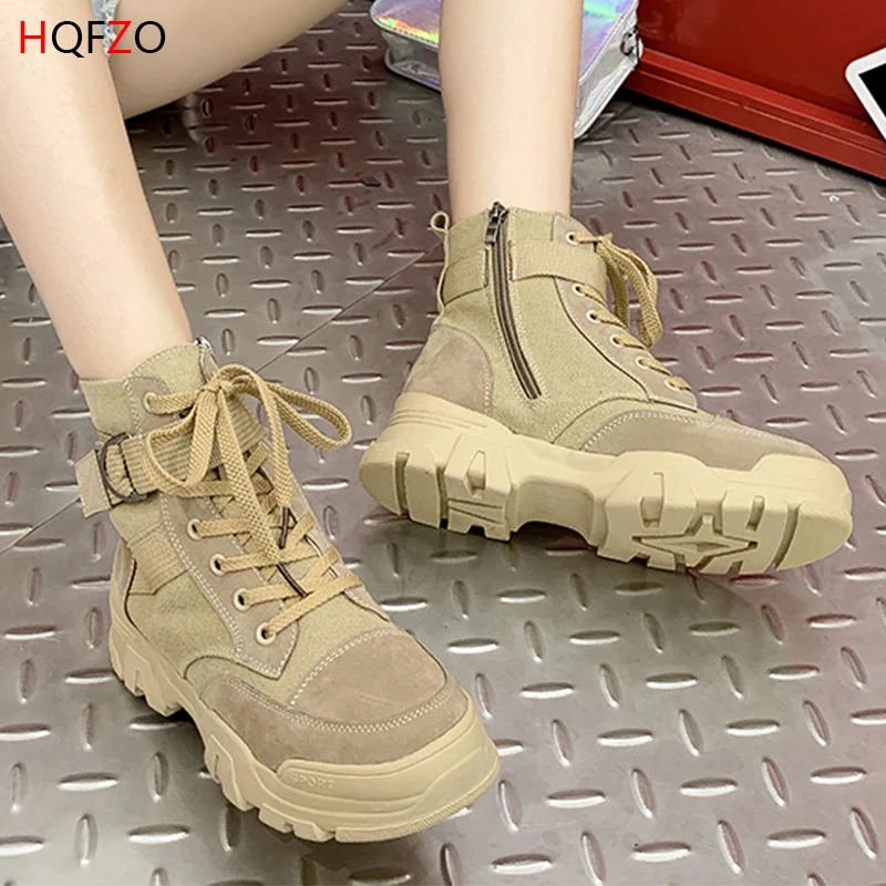 

HQFZO Botines Mujer 2019 Hiking Martin Boots Platform Flock Autumn Motorcycle Ankle Boots Buckle Zip Square Heels Botines