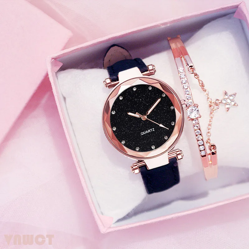 Black bracelet Повседневное для женщин Романтический Звездное небо наручные часы браслет кожа горный хрусталь дизайнер дамы часы простое платье Gfit Montre Femme - Цвет: Black bracelet