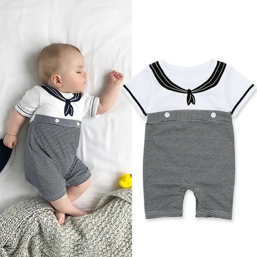 Children Boy Round Collar Short Sleeve Sailor Suit Stripe One-Piece Garment limbing Suit Harbin Children's Wear Jumpsuit