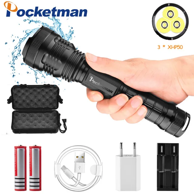 

95000 lumens XLamp 3*XHP50 most powerful led flashlight usb Zoom torch xhp70.2 xhp50 Rechargeable battery 18650 or 26650 hunting