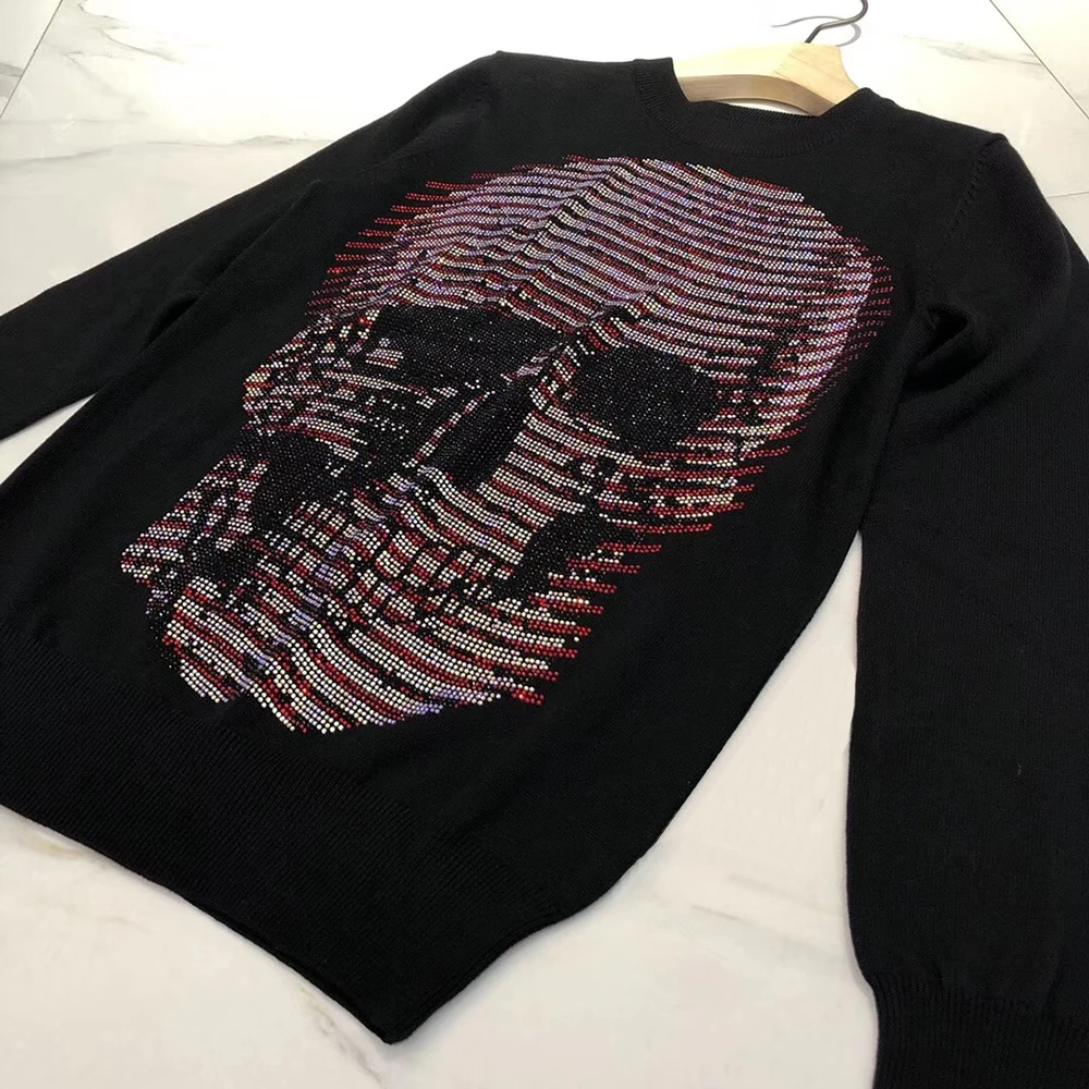 DUYOU брендовый шерстяной свитер для мужчин s дизайнерский свитер осень зима модный вязаный пуловер для мужчин со стразами волна большой череп свитер