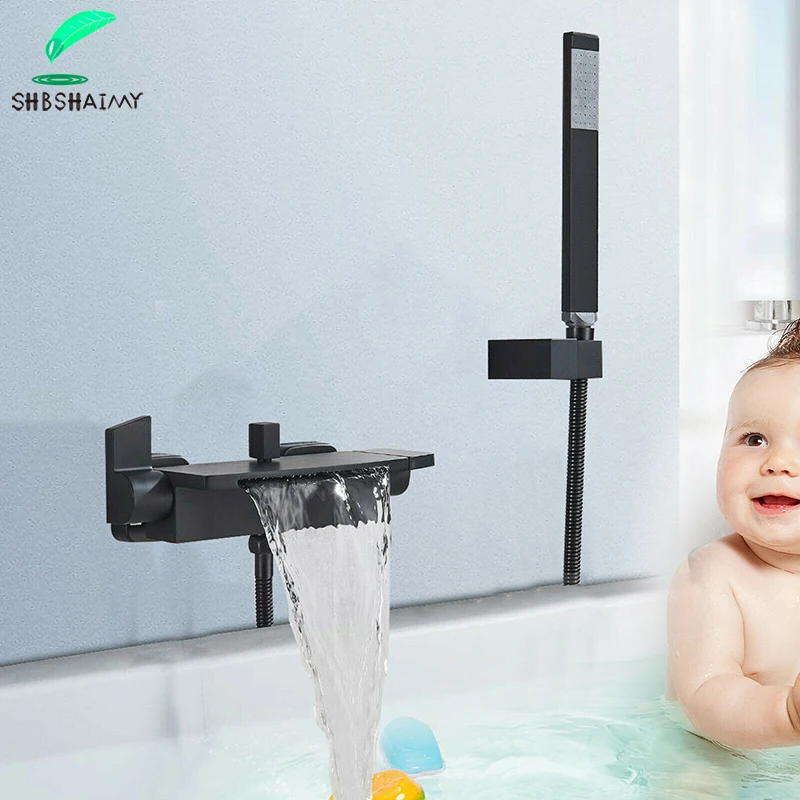 สีดําอ่างอาบน้ําก๊อกน้ํา Chrome ติดผนังน้ําตก 90 หมุนห้องน้ําชุดร้อนเย็นน้ํา TAP Dual Handle 1