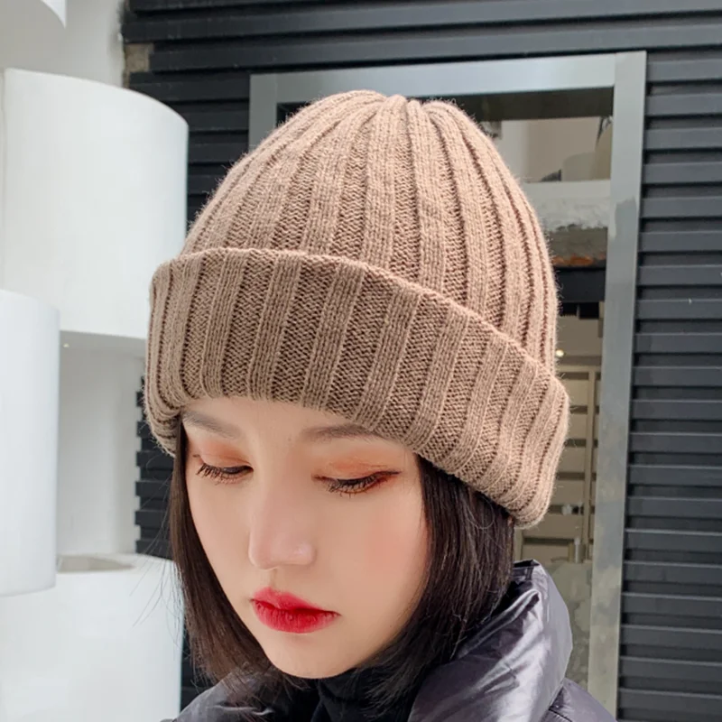 Женская однотонная Повседневная теплая вязаная шапка Skullies Beanies шапки бини женский корейский стиль Элегантный Красивая осенне-зимняя модная шапка - Цвет: Khaki